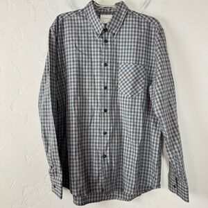 Billy Reid Shirt Button‎ Down Dress Top Herringbone Plaid Print Black Gray Linen